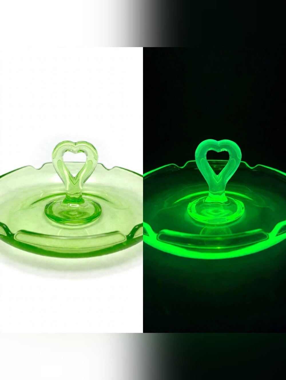 Vintage Green Uranium Glass Heart Handle Candy Dish Ring Trinket Dish-Glows!!!!!